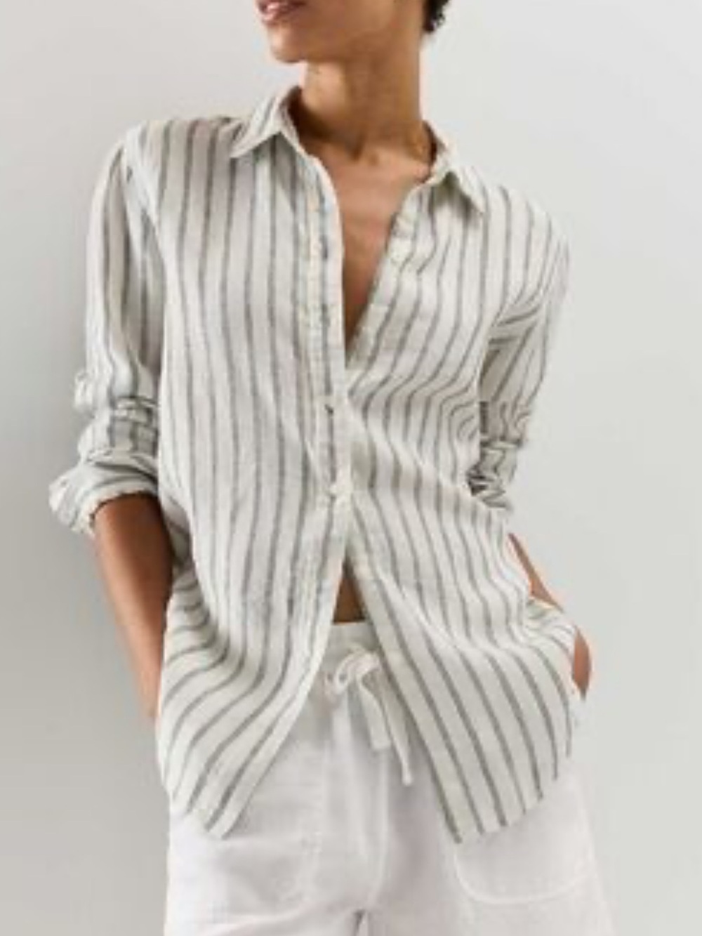 Quince 100% European Linen Long Sleeve Shit Cameal/ Black Stipe Size Small - Picture 2 of 8